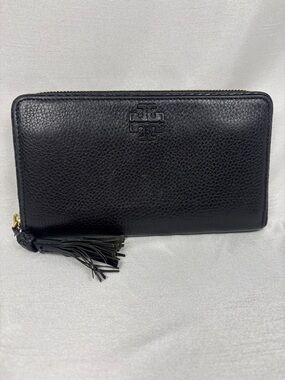 Tory Burch Black Pebbled Leather Zip Wallet with Tassel